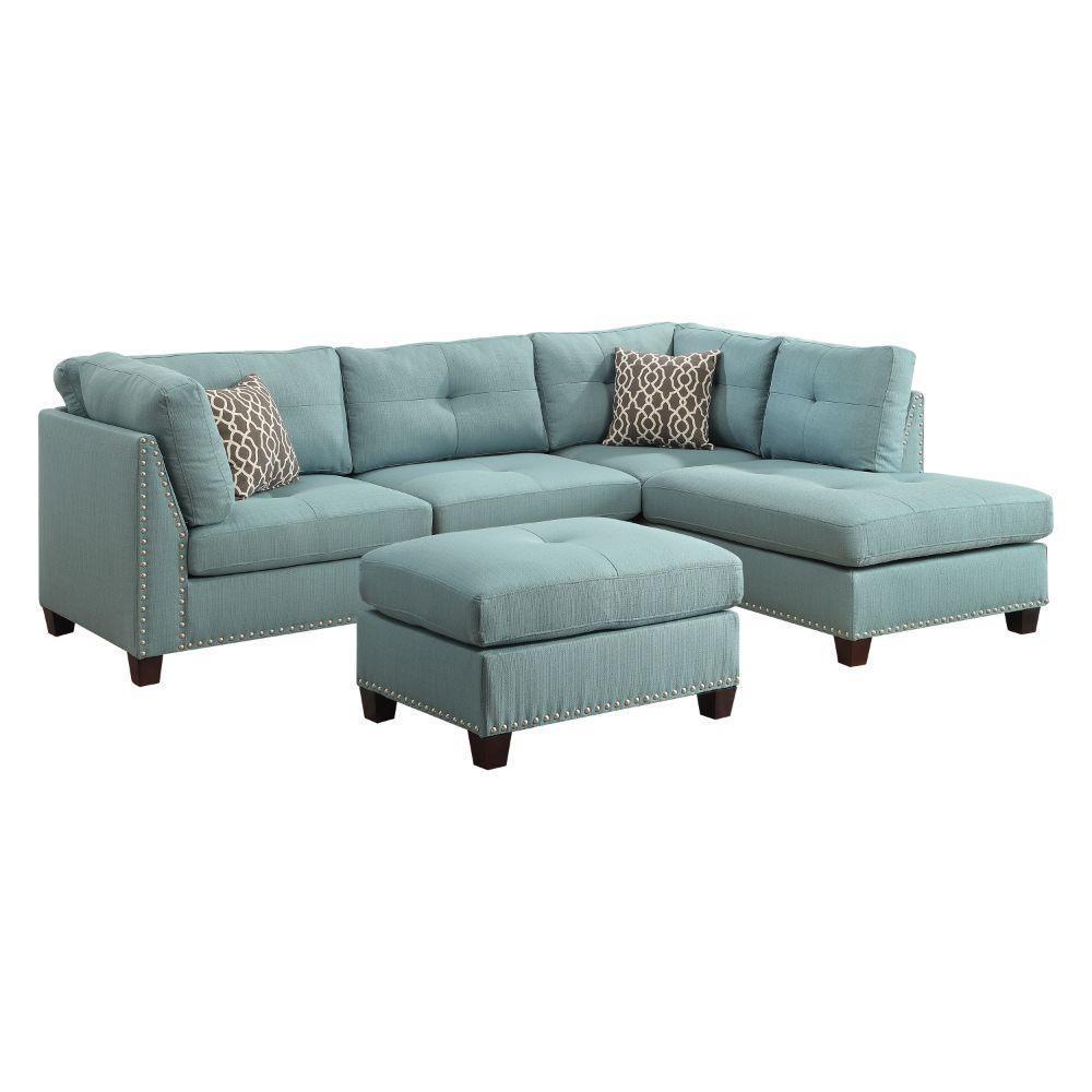 ACME Laurissa Sectional Sofa & Ottoman (2 Pillows), Light Teal Linen 54395 FredCo