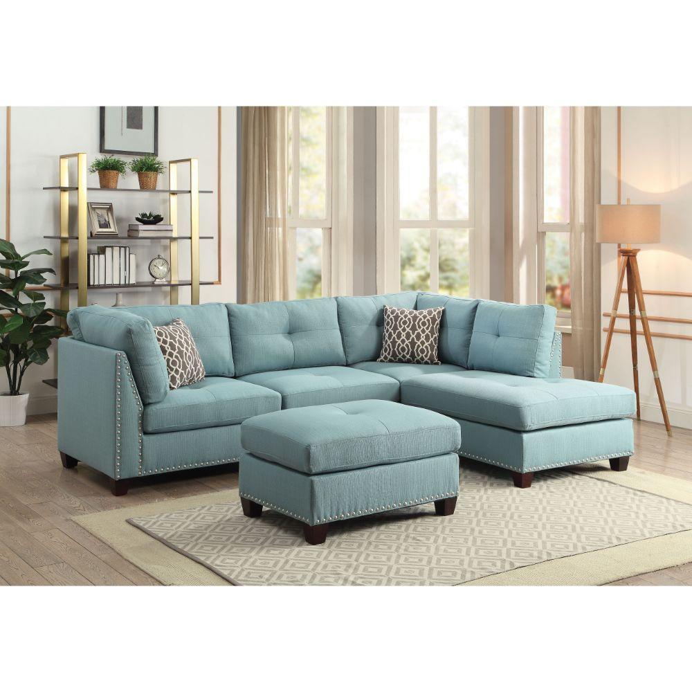 ACME Laurissa Sectional Sofa & Ottoman (2 Pillows), Light Teal Linen 54395 FredCo