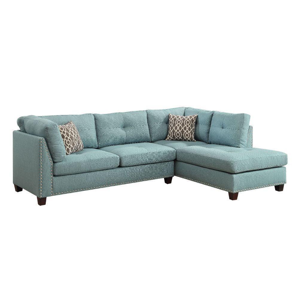 ACME Laurissa Sectional Sofa & Ottoman (2 Pillows), Light Teal Linen 54395 FredCo