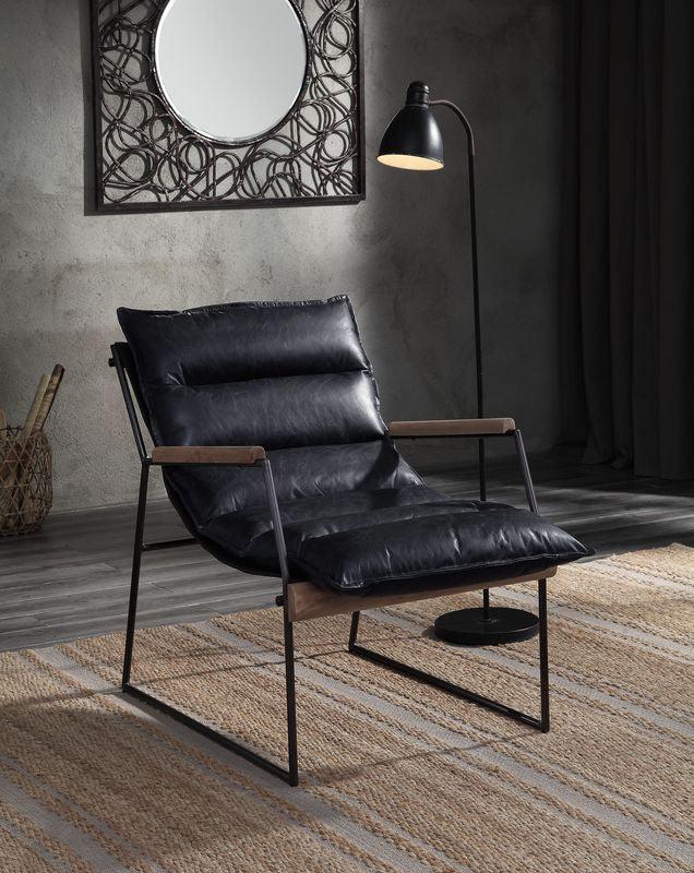 ACME Luberzo Accent Chair, Distress Espresso Top Grain Leather & Matt Iron Finish FredCo