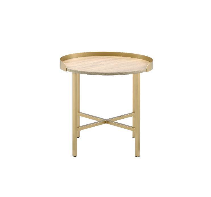 ACME Mithea End Table, Oak Table Top & Gold Finish FredCo