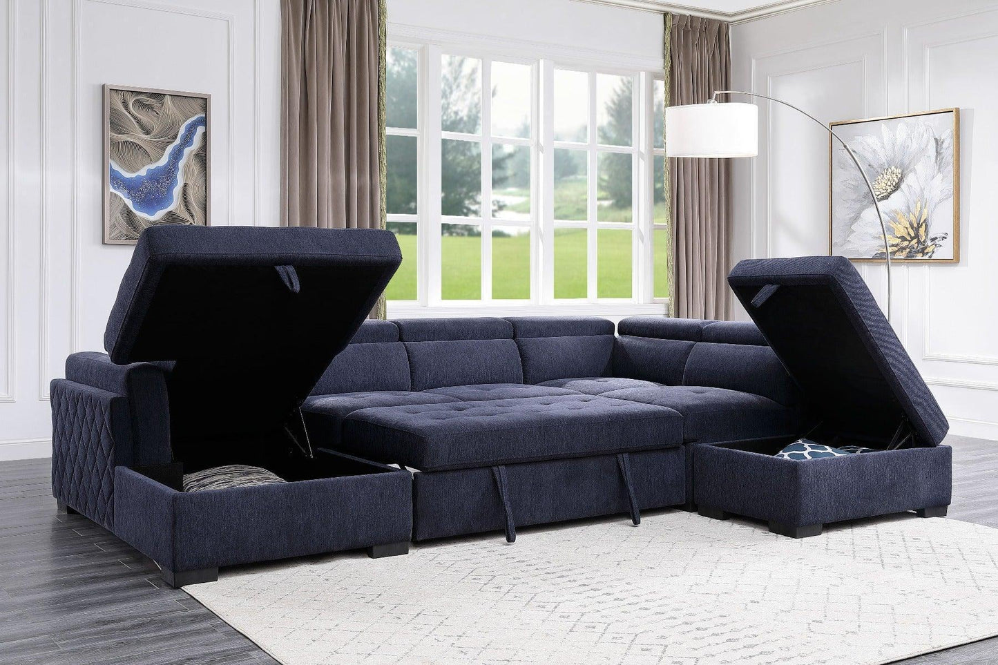 ACME Nekoda Storage Sleeper Sectional Sofa and Ottoman, Navy Blue Fabric FredCo