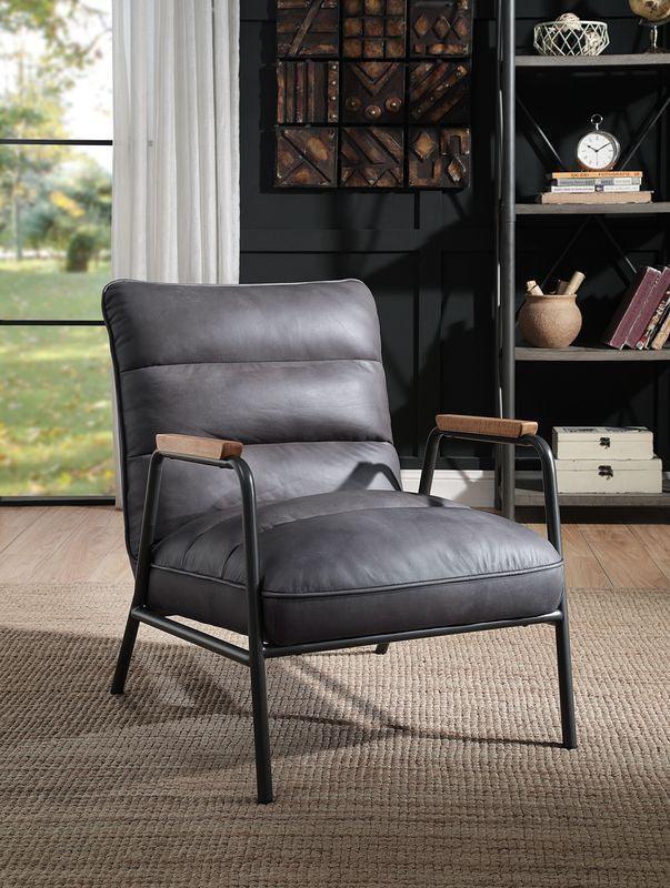 ACME Nignu Accent Chair, Gray Top Grain Leather & Matt Iron Finish FredCo