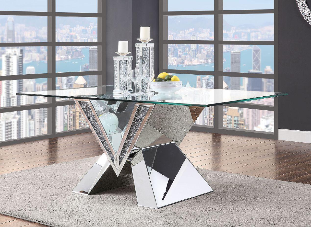 ACME Noralie Dining Table, Mirrored, Faux Diamonds & Clear Glass 71280 FredCo