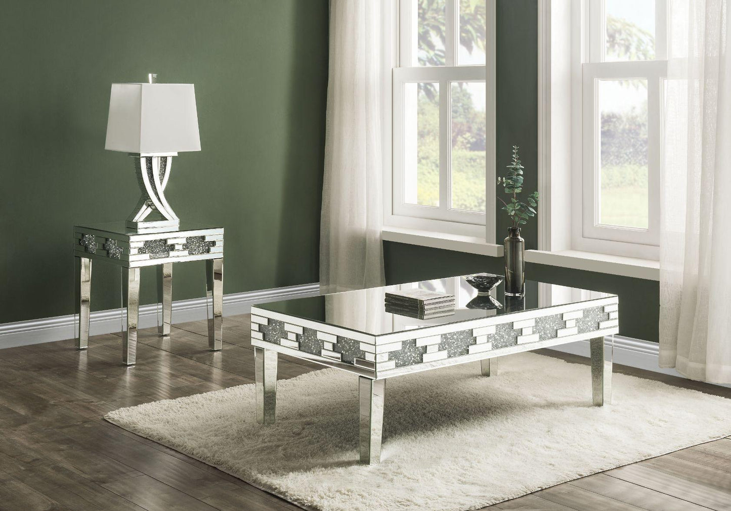 ACME Noralie End Table, Mirrored & Faux Stones FredCo