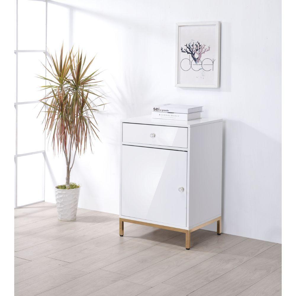 ACME Ottey Cabinet, White High Gloss & Gold FredCo