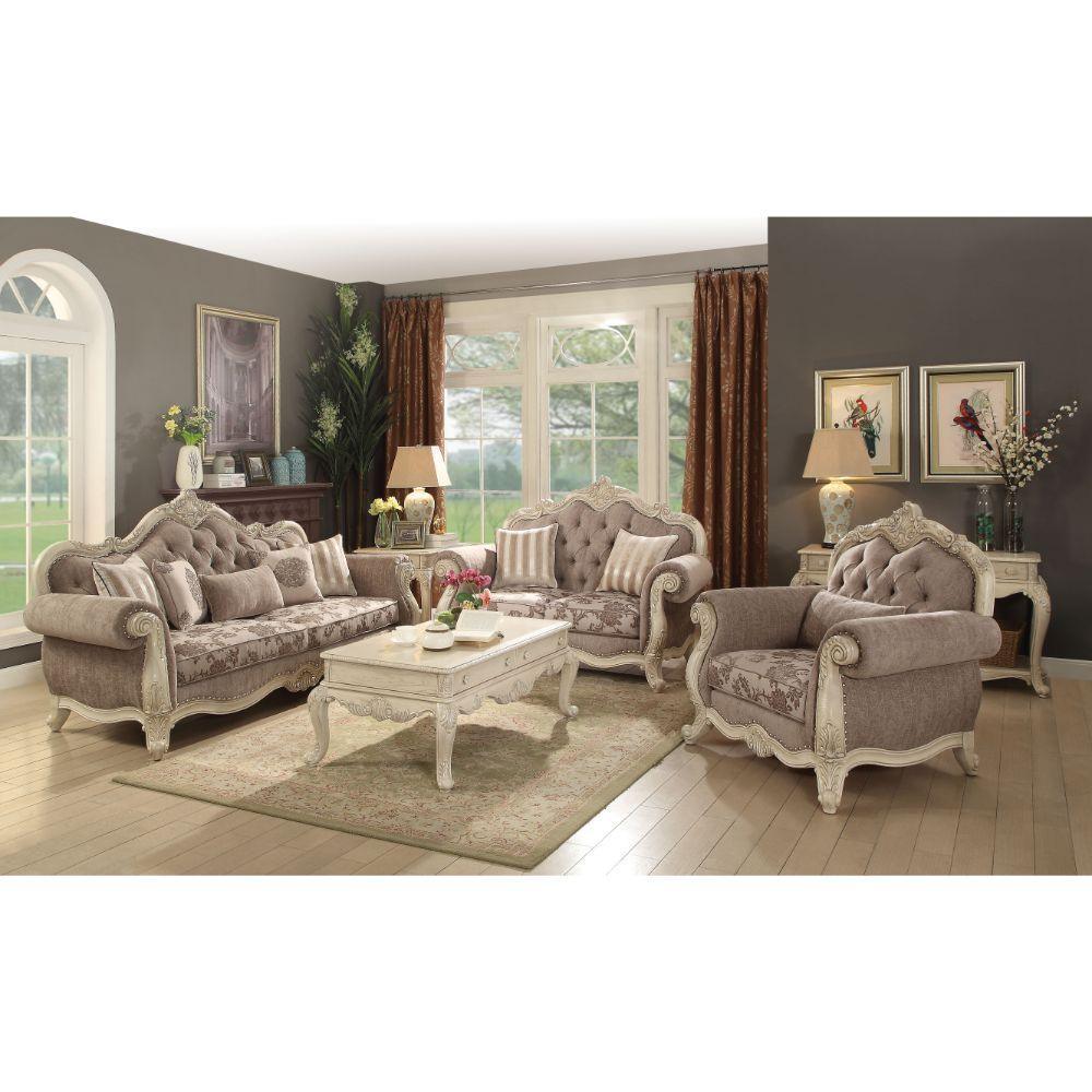 ACME Ragenardus Loveseat w/2 Pillows, Gray Fabric & Antique White FredCo