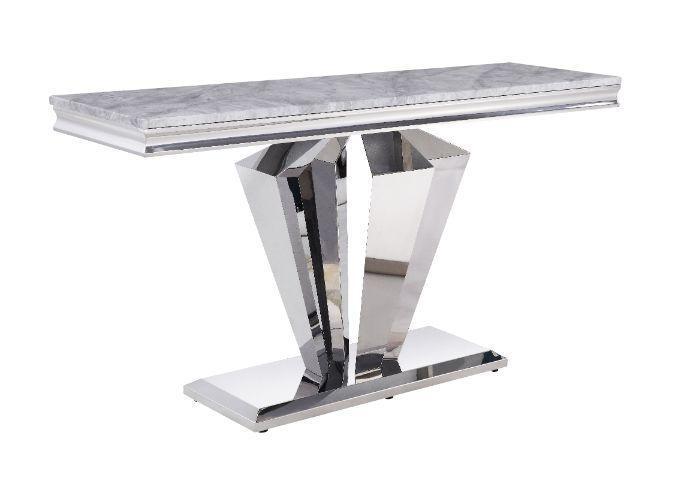 ACME Satinka Sofa Table, Light Gray Printed Faux Marble & Mirrored Silver Finish FredCo