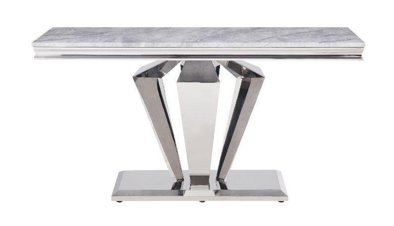 ACME Satinka Sofa Table, Light Gray Printed Faux Marble & Mirrored Silver Finish FredCo