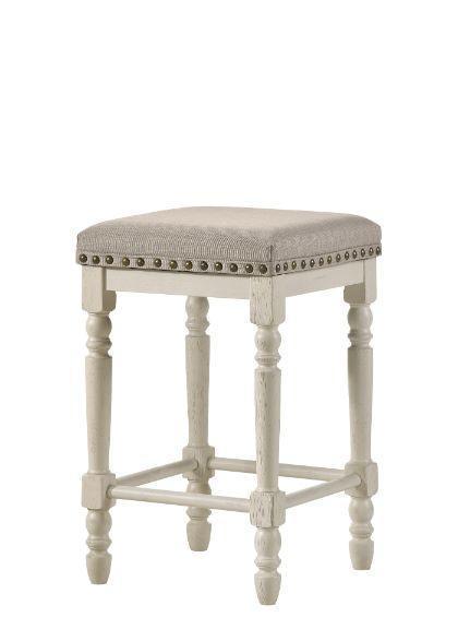 ACME Tasnim Counter Height Stool, Tan Fabric & Antique White Finish FredCo