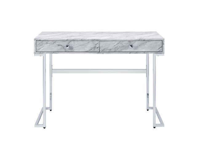 ACME Tigress Writing Desk, White Printed Faux Marble & Chrome Finish FredCo