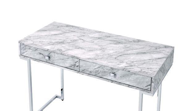 ACME Tigress Writing Desk, White Printed Faux Marble & Chrome Finish FredCo