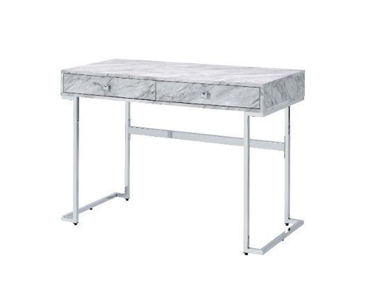 ACME Tigress Writing Desk, White Printed Faux Marble & Chrome Finish FredCo