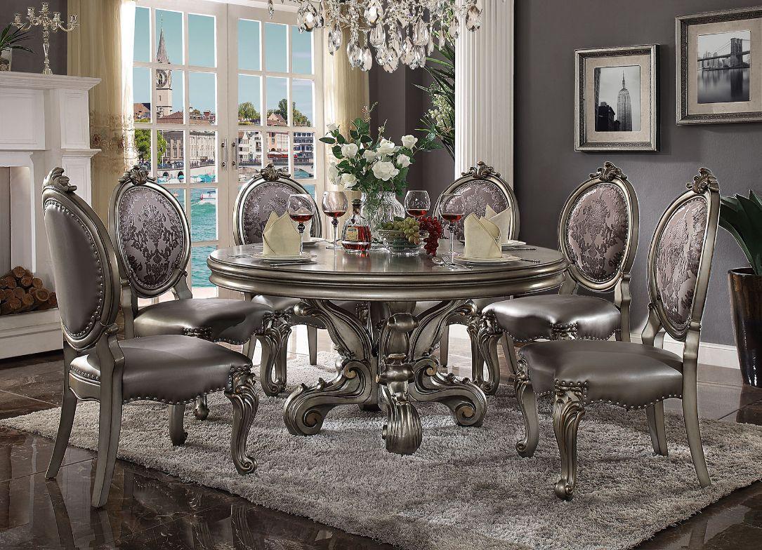 ACME Versailles Round Dining Table w/Single Pedestal, Antique Platinum 66840 FredCo