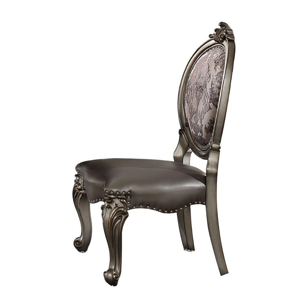 ACME Versailles Side Chair (Set-2), Silver PU & Antique Platinum FredCo