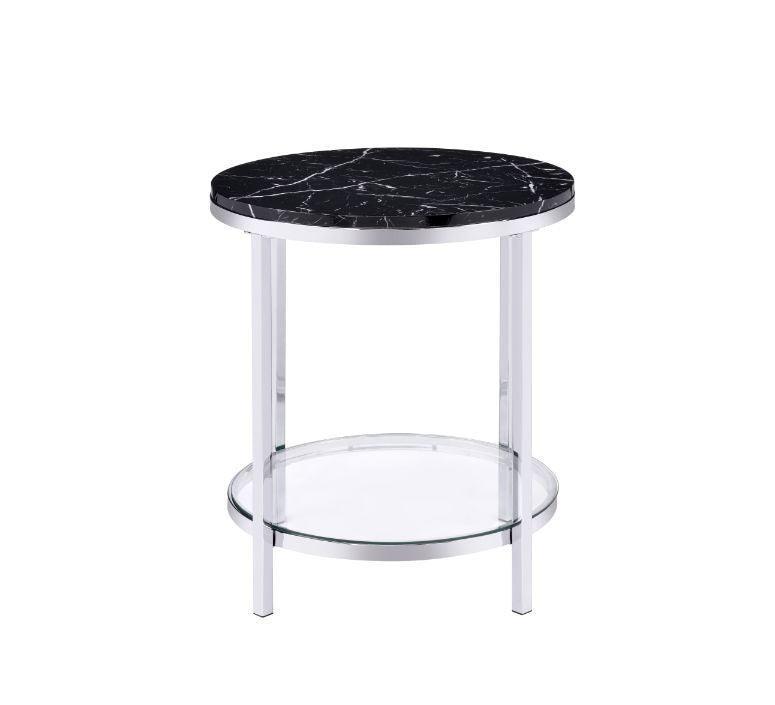 ACME Virlana End Table, Faux Black Marble & Chrome Finish FredCo