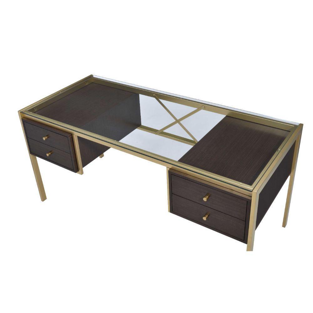 ACME Yumia Desk, Gold & Clear Glass 92785 FredCo