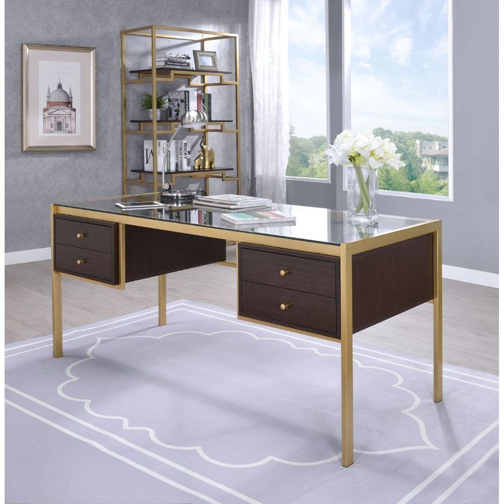 ACME Yumia Desk, Gold & Clear Glass 92785 FredCo