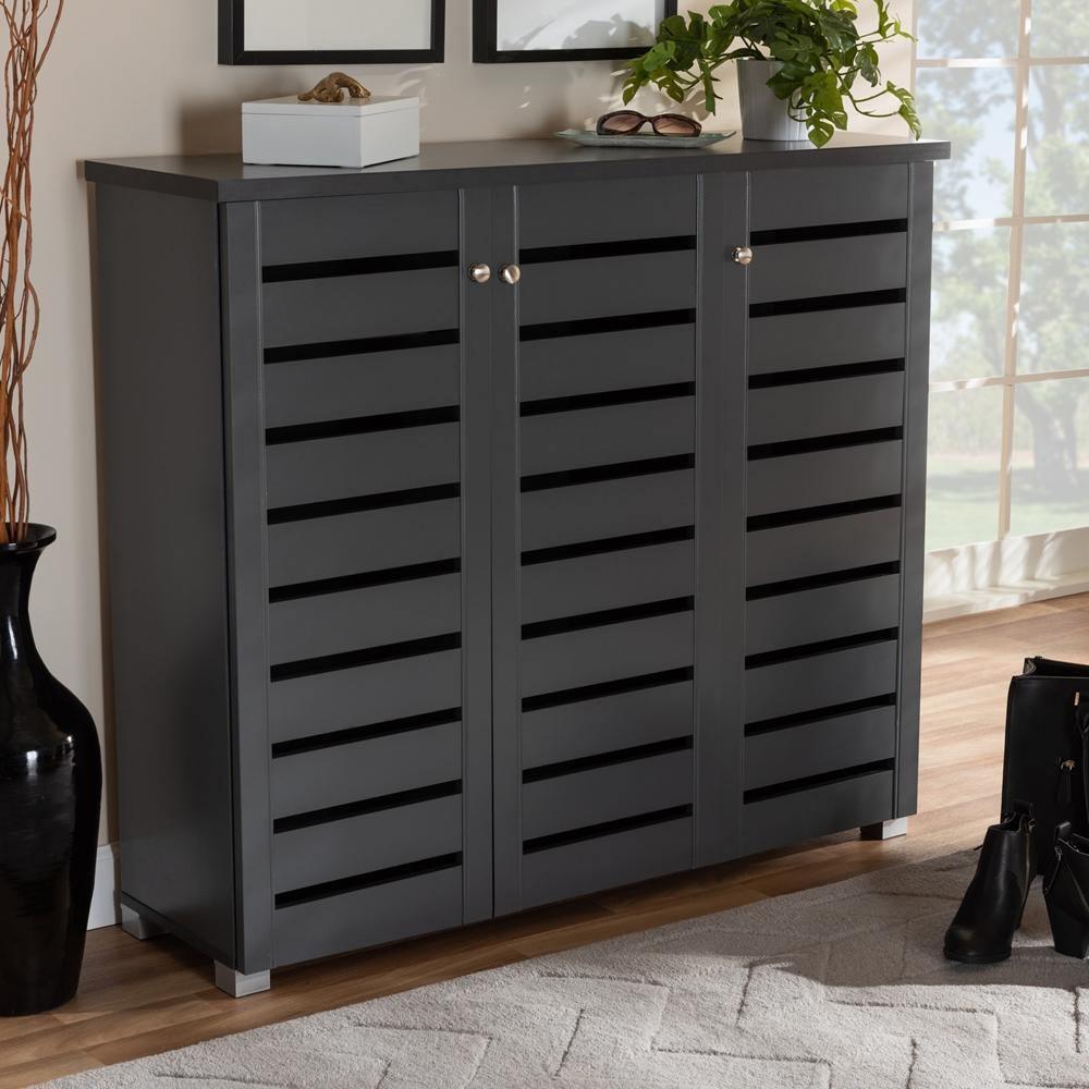Adalwin Modern and Contemporary Dark Gray 3-Door Wooden Entryway Shoe Storage Cabinet FredCo