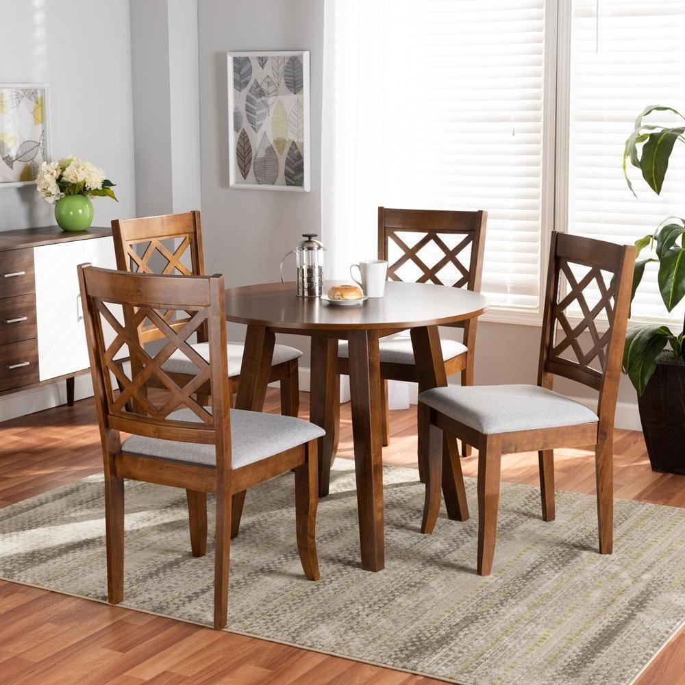 Adara Modern and Contemporary Grey Fabric Upholstered and Walnut Brown Finished Wood 5-Piece Dining Set FredCo