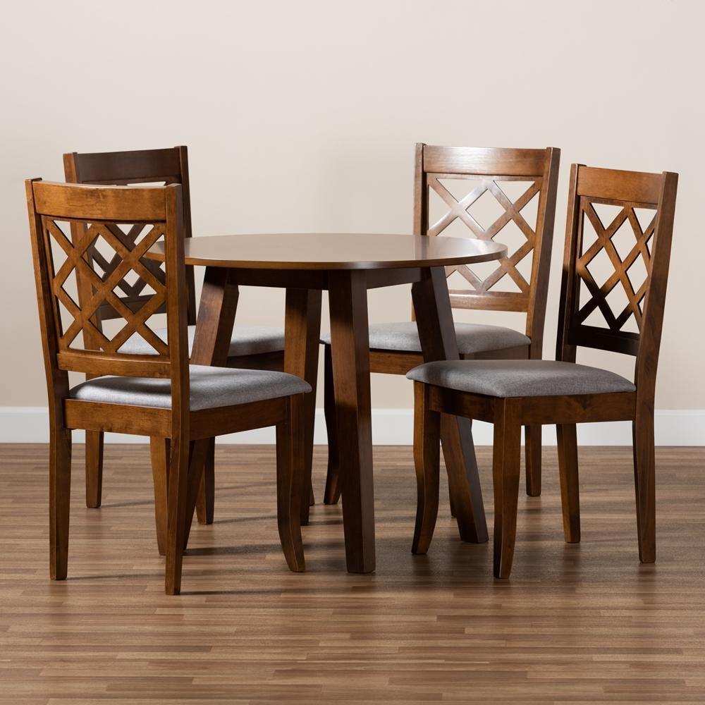 Adara Modern and Contemporary Grey Fabric Upholstered and Walnut Brown Finished Wood 5-Piece Dining Set FredCo