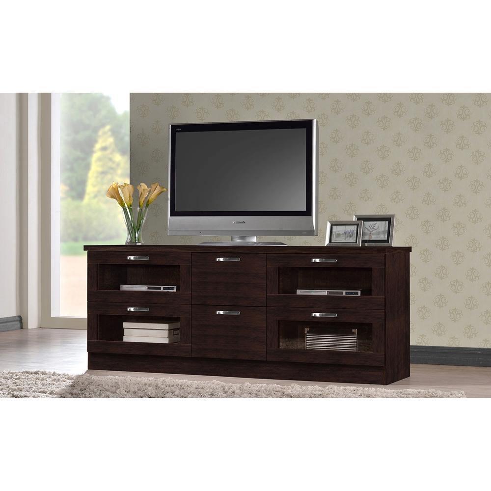 Adelino 63 Inches Dark Brown Wood TV Cabinet with 4 Glass Doors and 2 Drawers FredCo