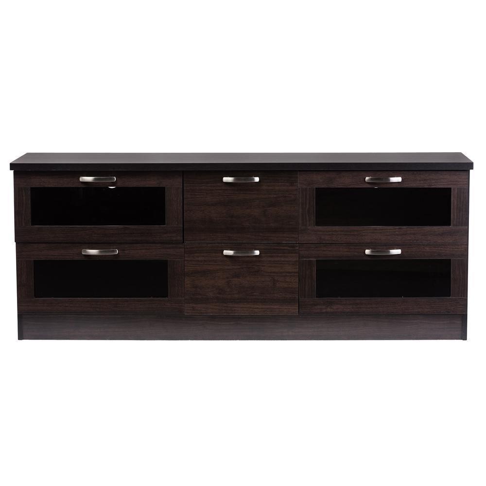 Adelino 63 Inches Dark Brown Wood TV Cabinet with 4 Glass Doors and 2 Drawers FredCo