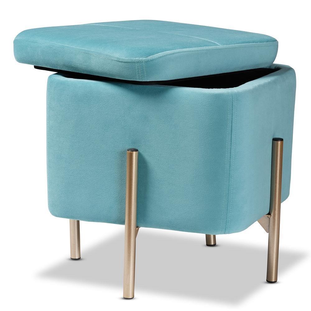 Aleron Contemporary Glam and Luxe Sky Blue Velvet Fabric Upholstered and Gold Finished Metal Storage Ottoman FredCo