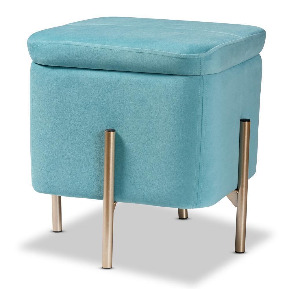 Aleron Contemporary Glam and Luxe Sky Blue Velvet Fabric Upholstered and Gold Finished Metal Storage Ottoman FredCo