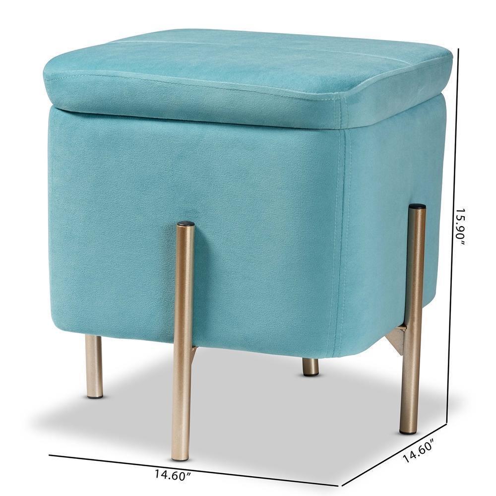 Aleron Contemporary Glam and Luxe Sky Blue Velvet Fabric Upholstered and Gold Finished Metal Storage Ottoman FredCo