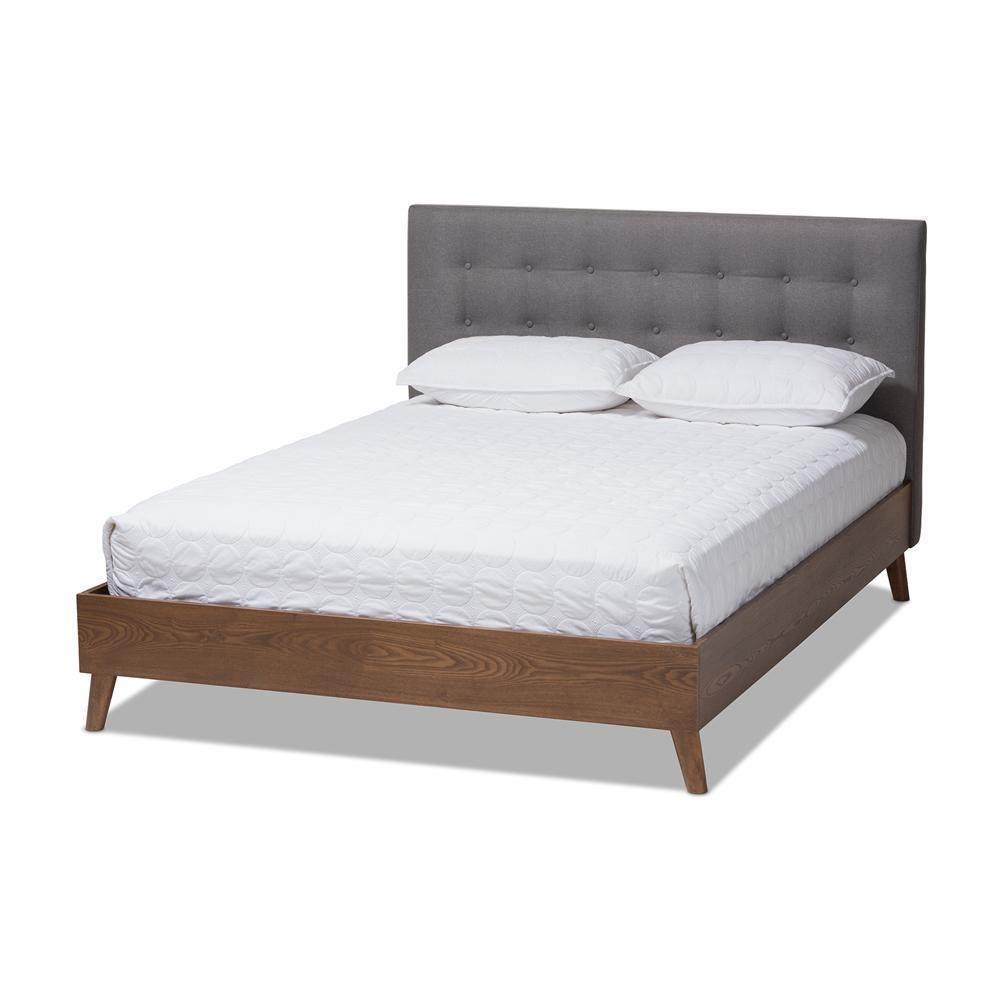 Alinia Mid-century Retro Modern Grey Fabric Upholstered Walnut Wood King Size Platform Bed FredCo