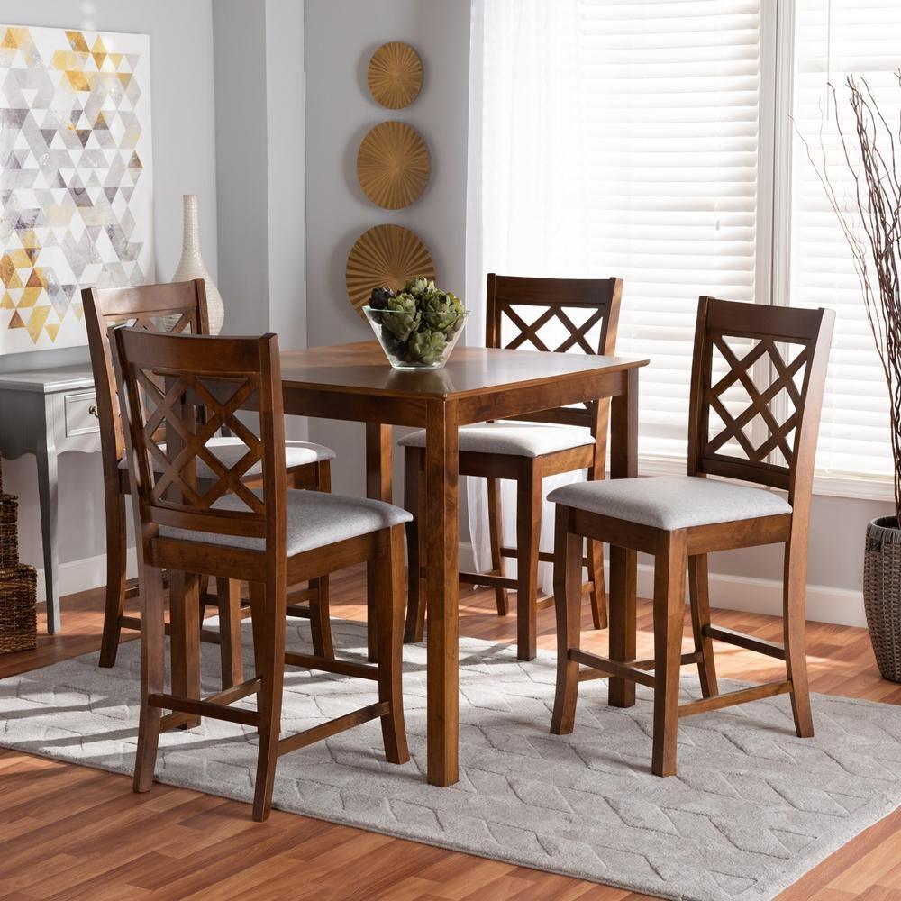 Alora Modern and Contemporary Grey Fabric Upholstered Walnut Brown Finished 5-Piece Wood Pub Set FredCo