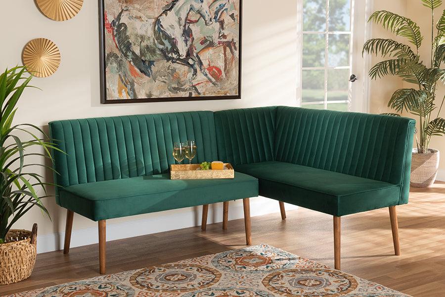 Alvis Mid-Century Modern Emerald Green Velvet Upholstered and Walnut Brown Finished Wood 2-Piece Dining Nook Banquette Set FredCo