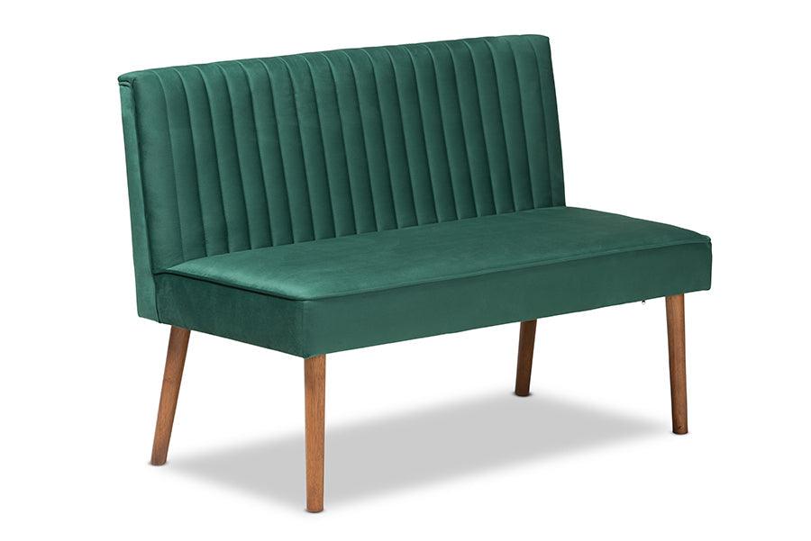 Alvis Mid-Century Modern Emerald Green Velvet Upholstered and Walnut Brown Finished Wood 2-Piece Dining Nook Banquette Set FredCo