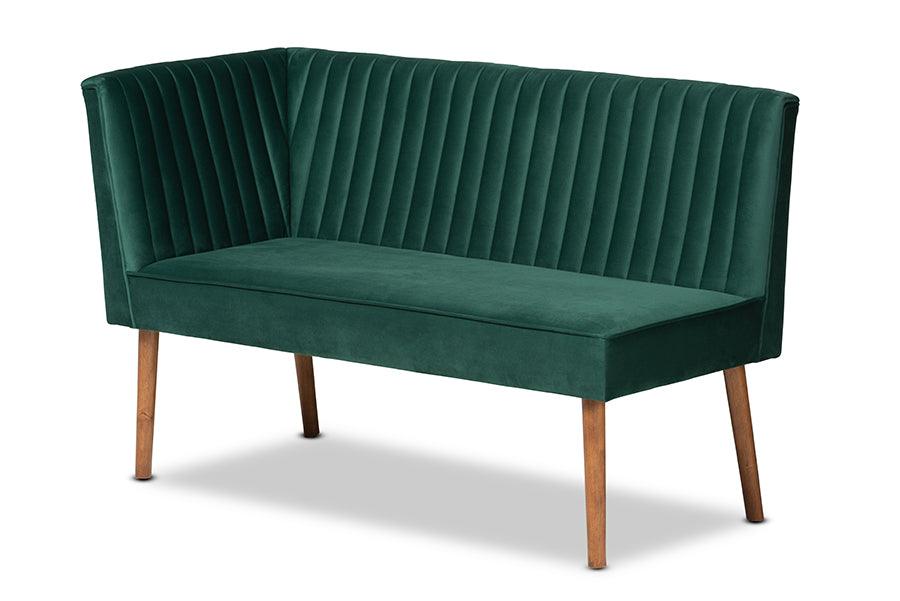 Alvis Mid-Century Modern Emerald Green Velvet Upholstered and Walnut Brown Finished Wood 2-Piece Dining Nook Banquette Set FredCo