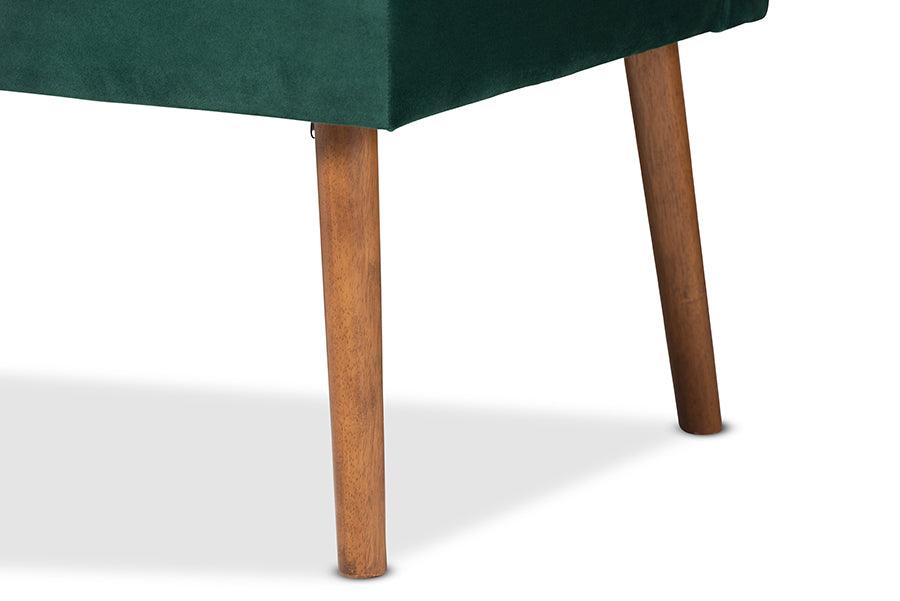 Alvis Mid-Century Modern Emerald Green Velvet Upholstered and Walnut Brown Finished Wood 2-Piece Dining Nook Banquette Set FredCo