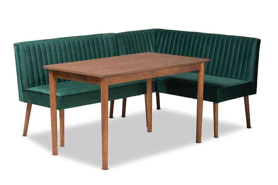 Alvis Mid-Century Modern Emerald Green Velvet Upholstered and Walnut Brown Finished Wood 3-Piece Dining Nook Set FredCo