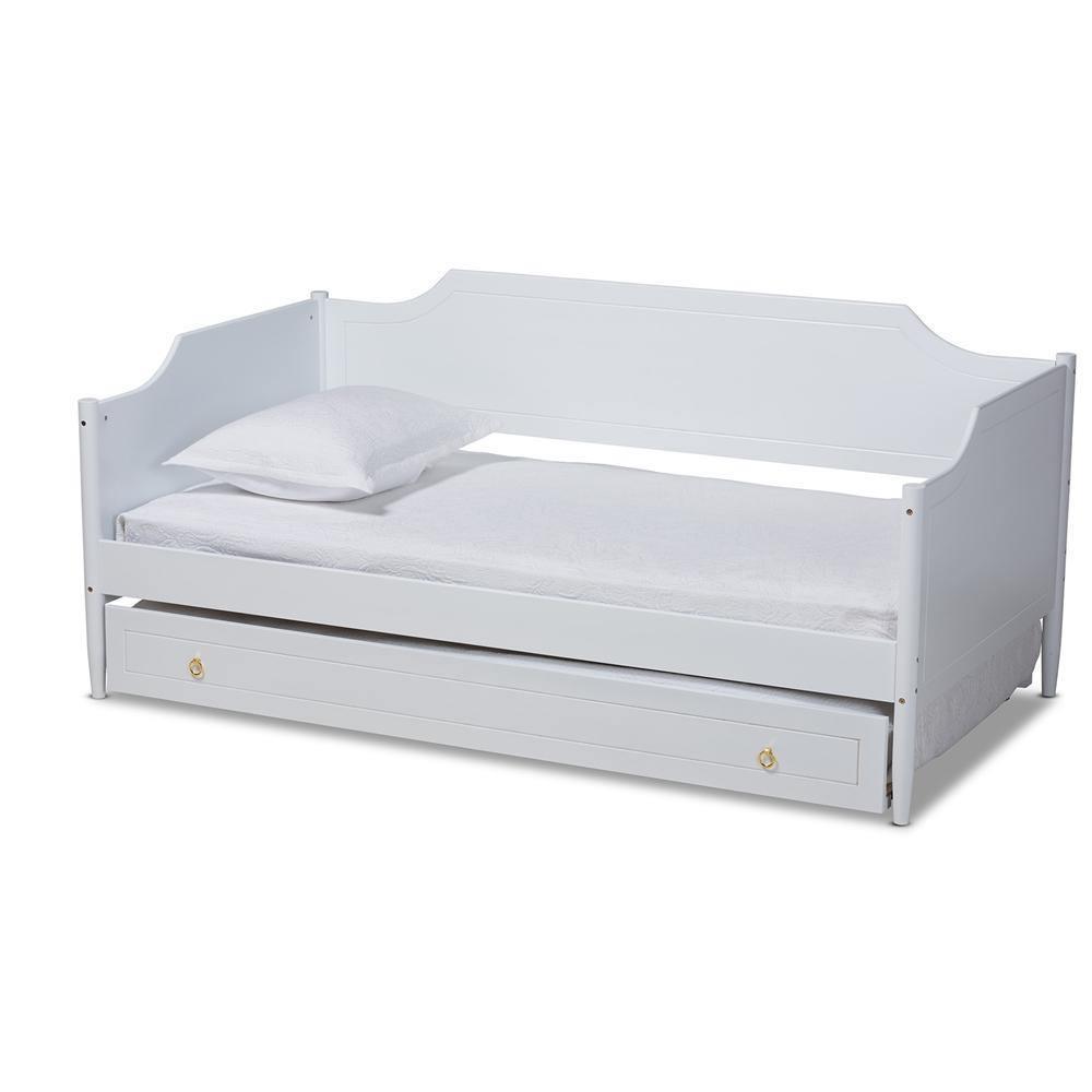 Alya Classic Traditional Farmhouse White Finished Wood Twin Size Daybed with Roll-Out Trundle Bed FredCo