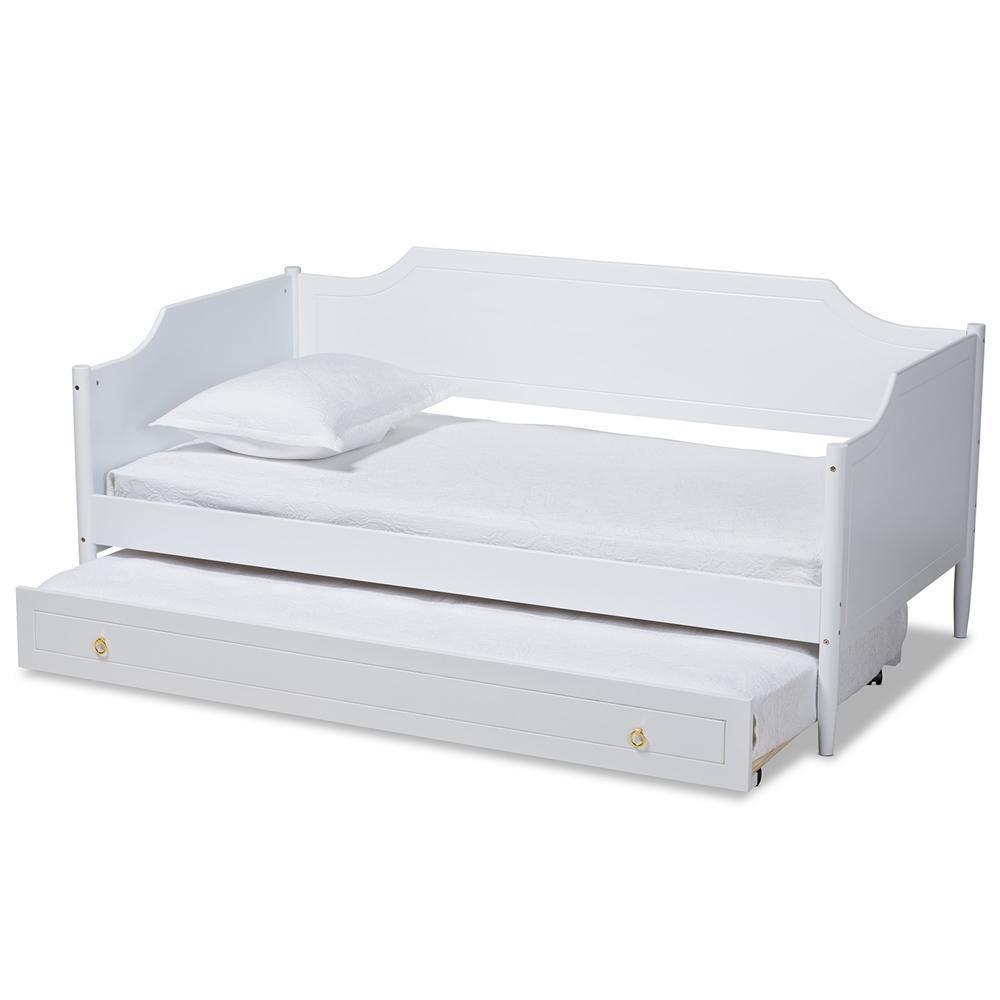 Alya Classic Traditional Farmhouse White Finished Wood Twin Size Daybed with Roll-Out Trundle Bed FredCo