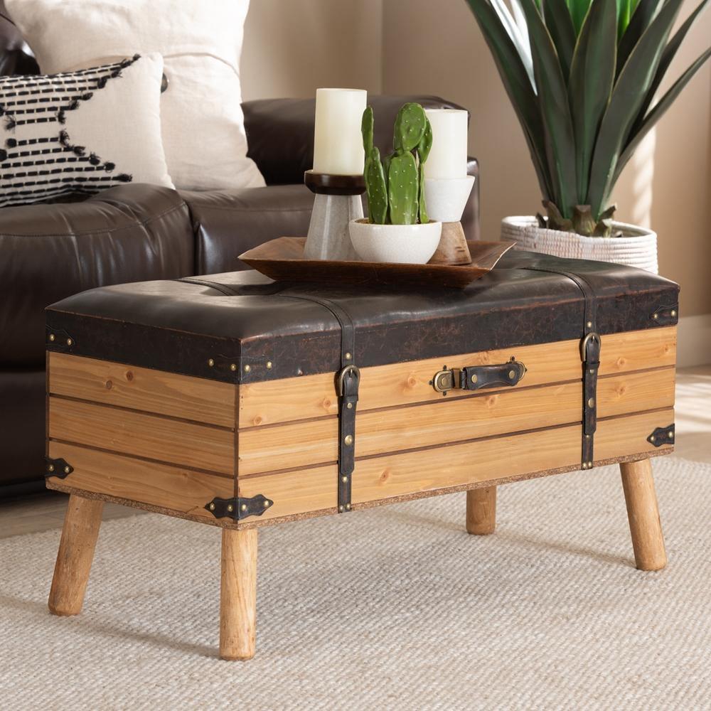 Amena Rustic Transitional Dark Brown PU Leather Upholstered and Oak Finished Wood Large Storage Ottoman FredCo