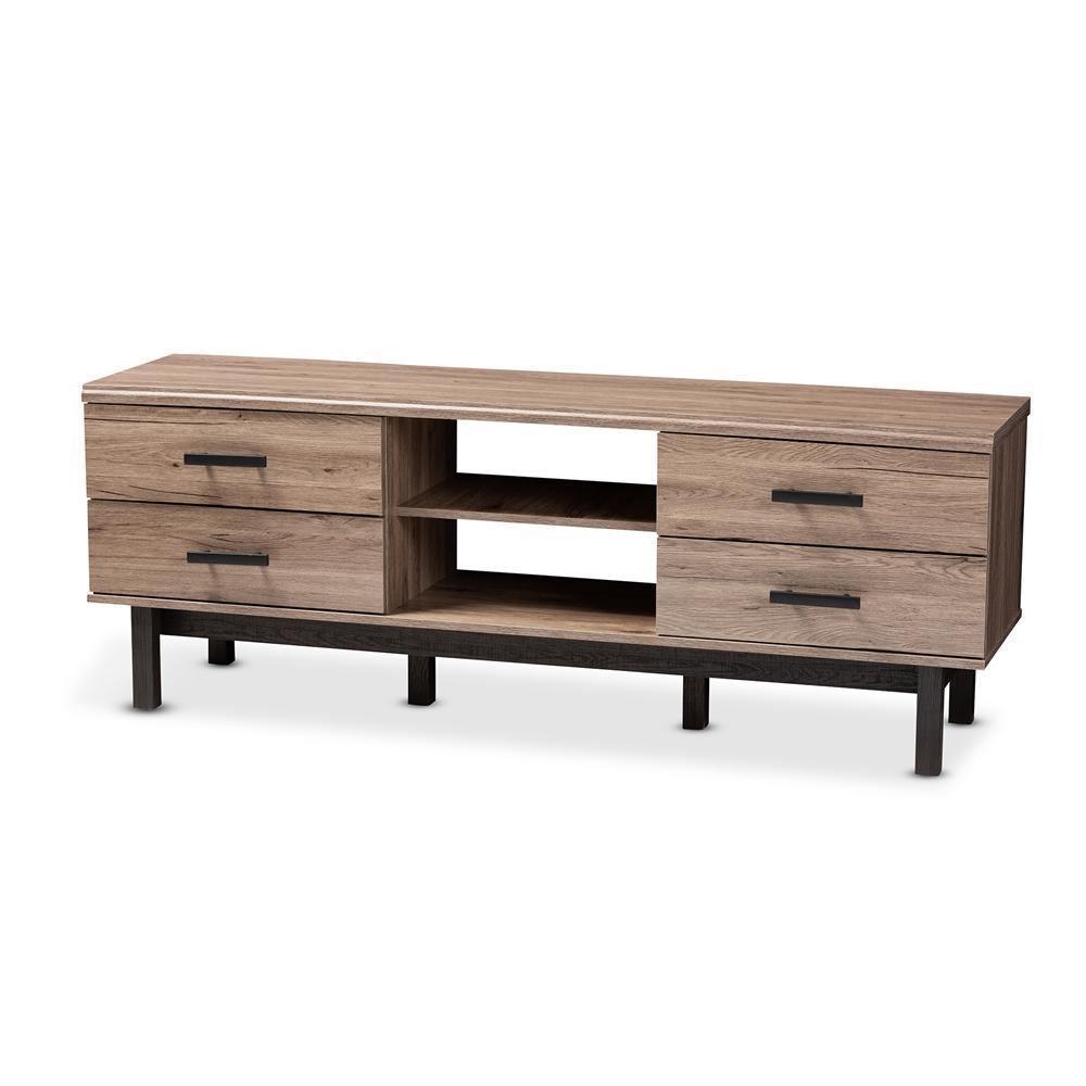 Arend Modern and Contemporary Two-Tone Oak and Ebony Wood 4-Drawer TV Stand FredCo