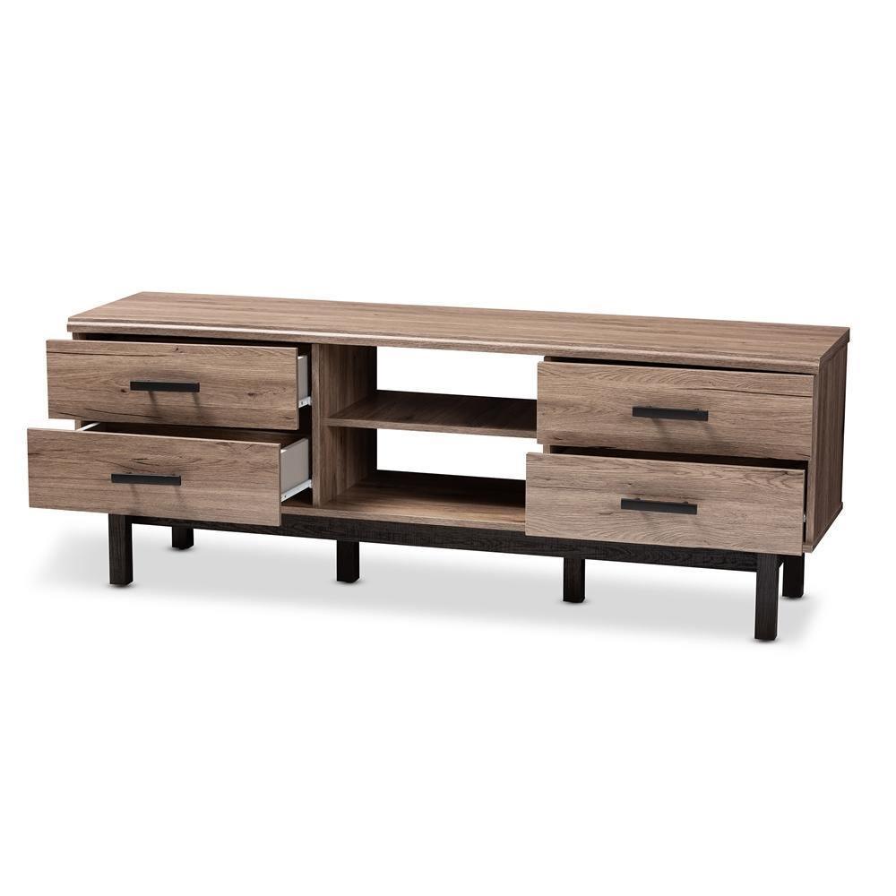 Arend Modern and Contemporary Two-Tone Oak and Ebony Wood 4-Drawer TV Stand FredCo