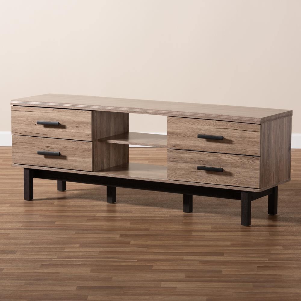 Arend Modern and Contemporary Two-Tone Oak and Ebony Wood 4-Drawer TV Stand FredCo