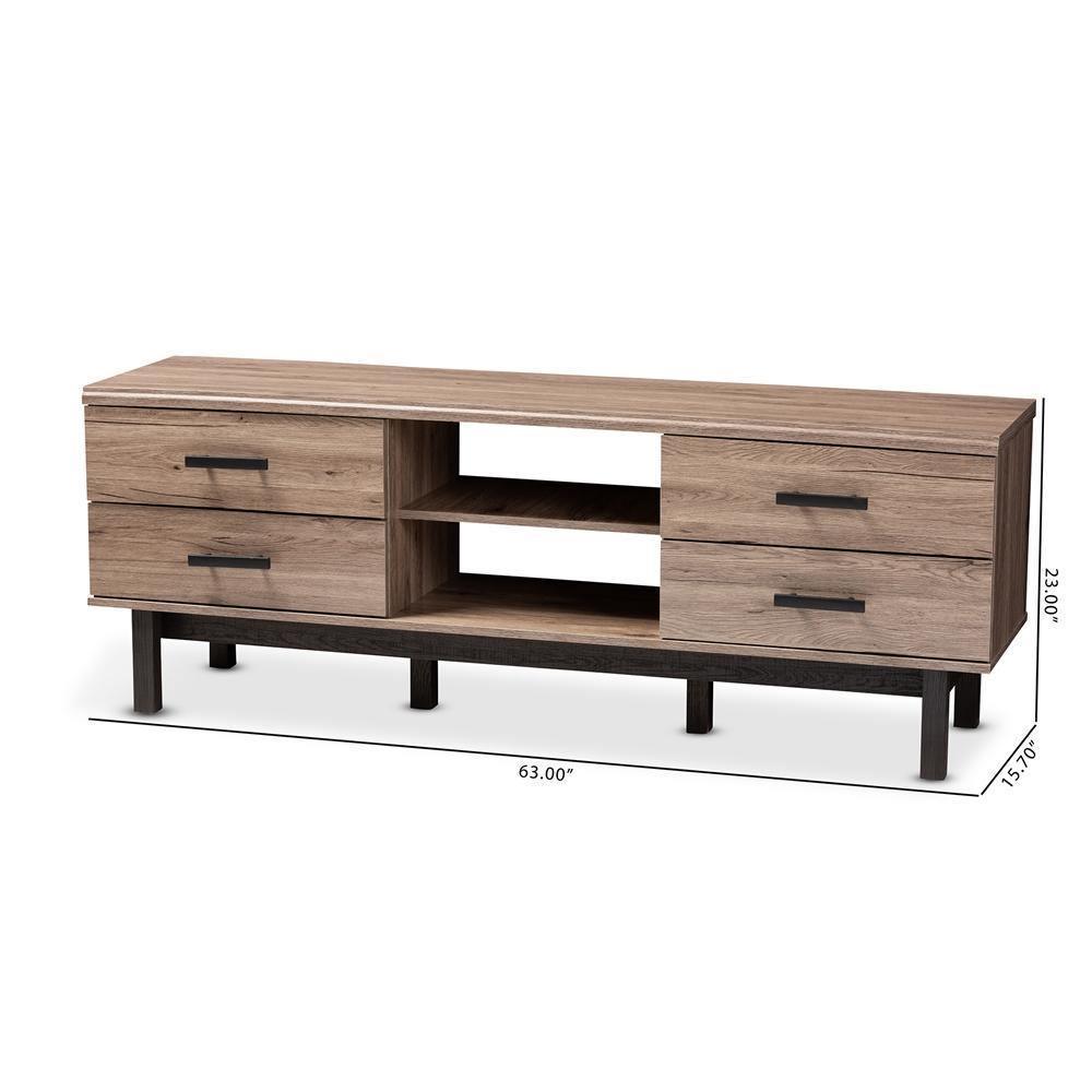 Arend Modern and Contemporary Two-Tone Oak and Ebony Wood 4-Drawer TV Stand FredCo