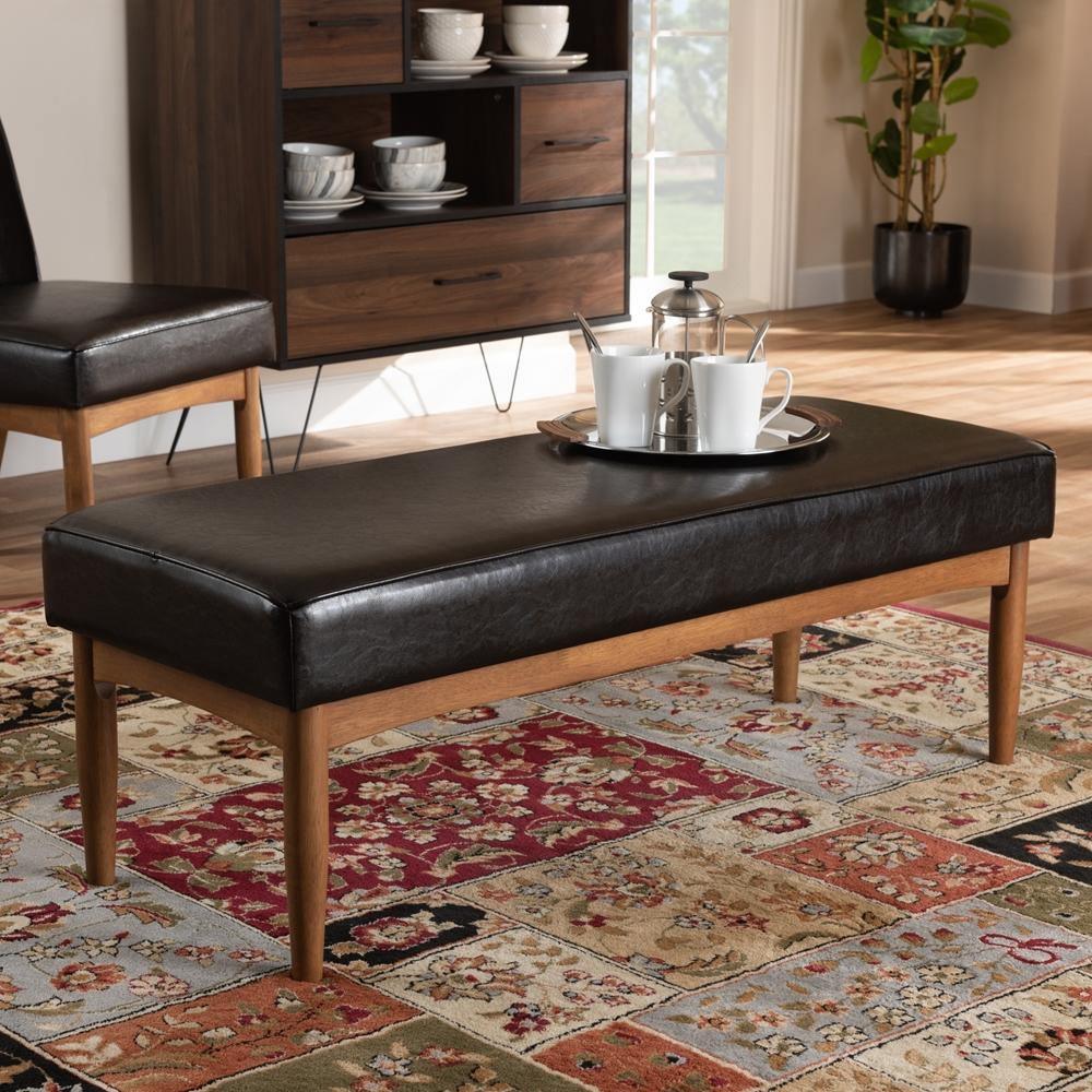 Arvid Mid-Century Modern Dark Brown Faux Leather Upholstered Wood Dining Bench FredCo