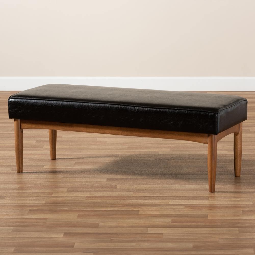 Arvid Mid-Century Modern Dark Brown Faux Leather Upholstered Wood Dining Bench FredCo