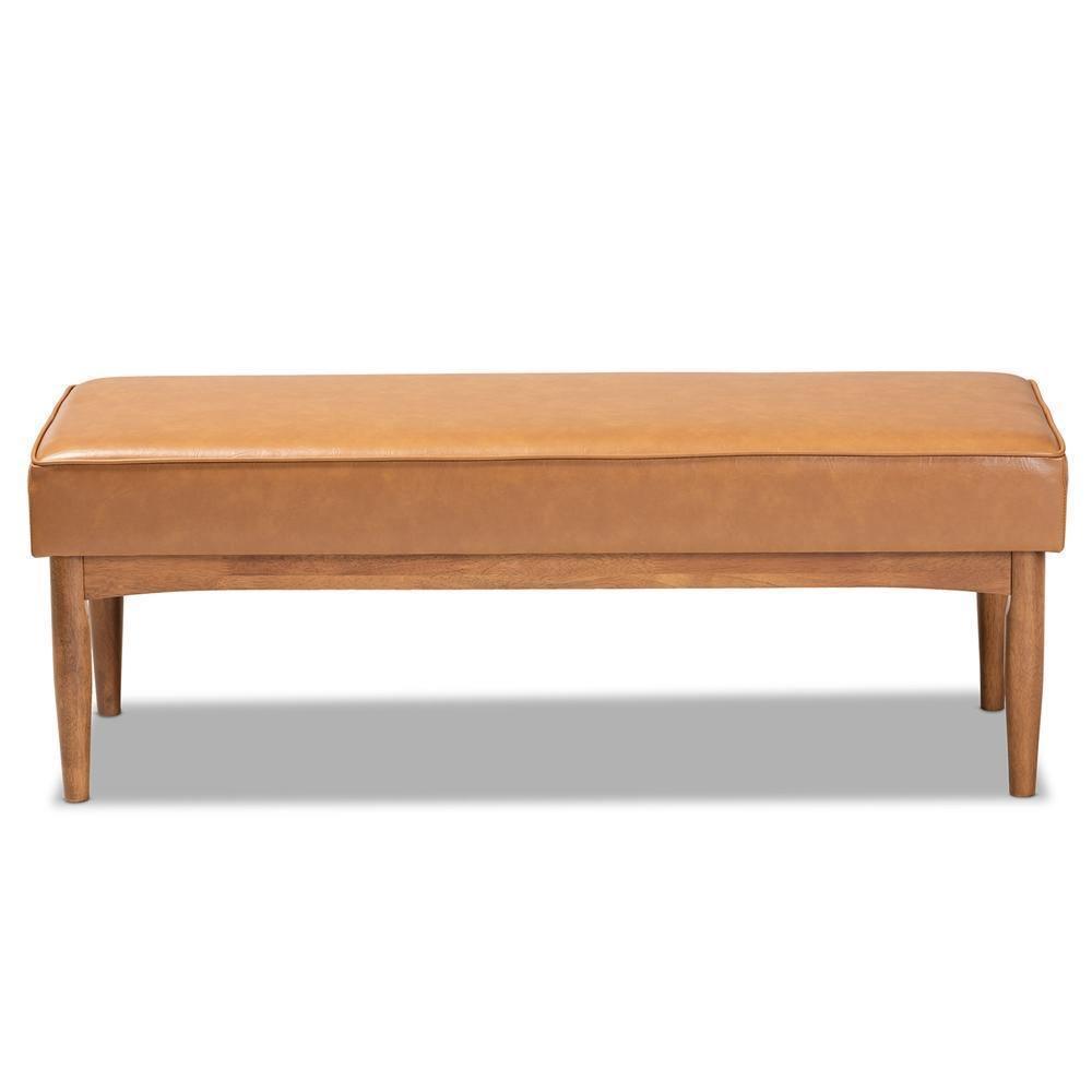 Arvid Mid-Century Modern Tan Faux Leather Upholstered and Walnut Brown Finished Wood Dining Bench FredCo