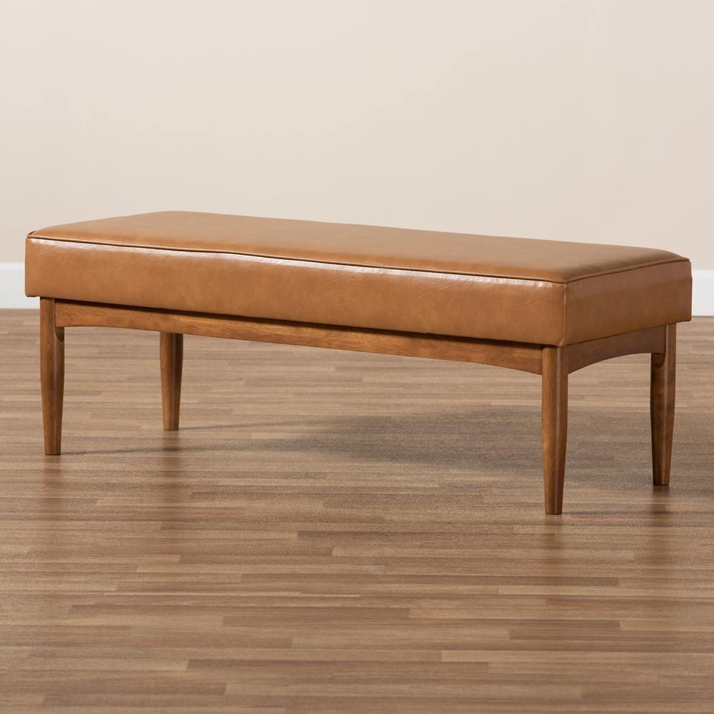 Arvid Mid-Century Modern Tan Faux Leather Upholstered and Walnut Brown Finished Wood Dining Bench FredCo