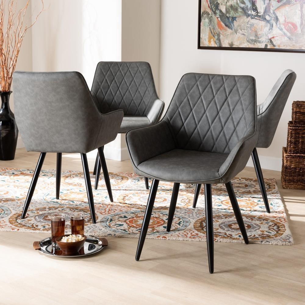 Astrid Mid-Century Contemporary Grey Faux Leather Upholstered and Black Metal 4-Piece Dining Chair Set FredCo