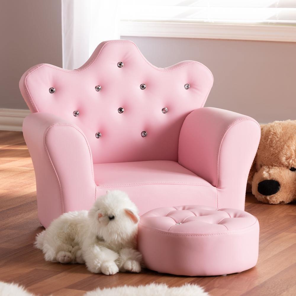 Ava Modern and Contemporary Pink Faux Leather 2-Piece Kids Armchair and Footrest Set FredCo